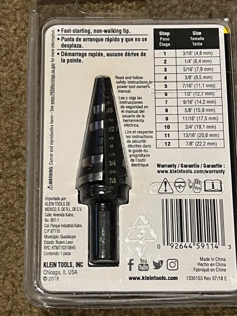 Klein Tools Step Drill Bit 3Pc. Set , Ktsb15 , Ktsb14 ,& Ktsb11 All New . 3