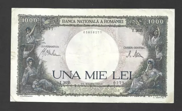 1000  Lei  Very Fine Crisp  Banknote From  Romania 1943   Pick-52