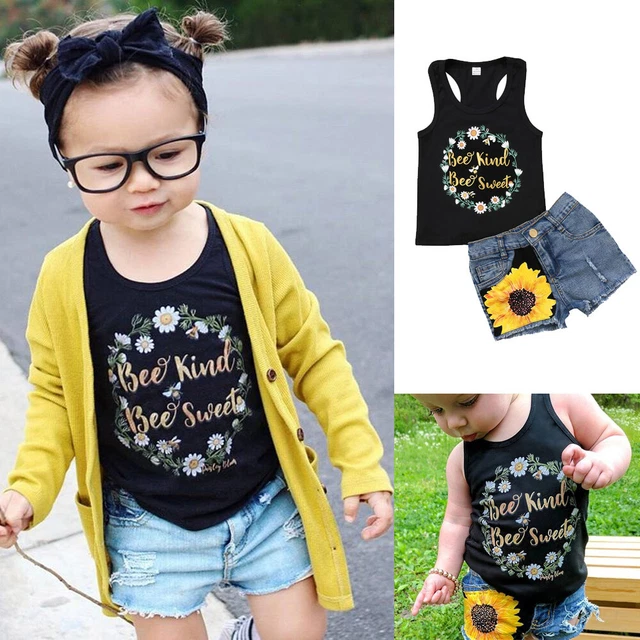 Top pantaloncini senza maniche per bambine bambine vestiti girasole senza maniche set abiti