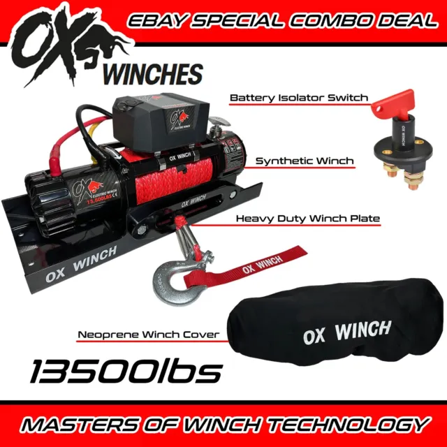 OX ELECTRIC WINCH COMBO DEAL 13500lb 12v SYNTHETIC ROPE WIRELESS - BLACK