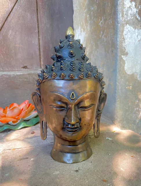 Tête de Bouddha en Bronze 21 cm NEPAL,INDE,TIBET Statue*Buddha yoga Feng Shui