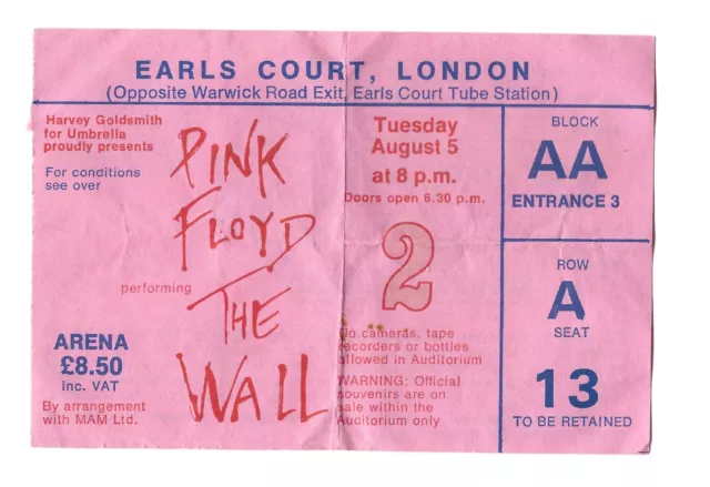 Rare Ticket - 1980 Pink Floyd 'The Wall' at Earls Court