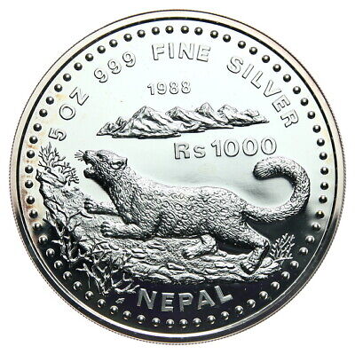 Snow Leopard, Nepal, 1000 Rupees, 1988, 5 oz. silver .999