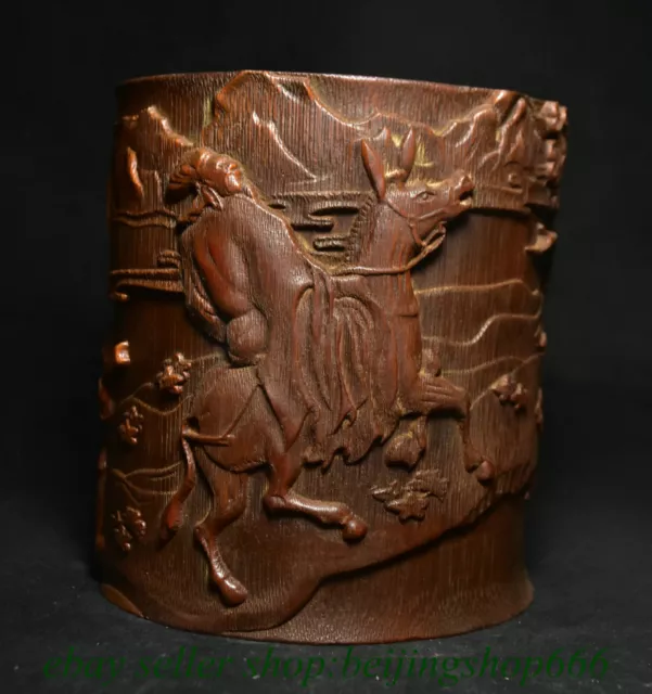 6" Chinese Bamboo root Carving Fengshui Figure Brush pot Statue