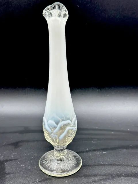 1980 Fenton Swung Vase Water Lily Silvercrest White Opalescent clear Footed 10in