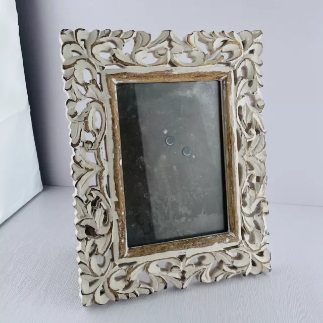 Bohemian Boho Distressed White Washed CHUNKY CARVED WOOD  Frame Holds 5x6 Photo