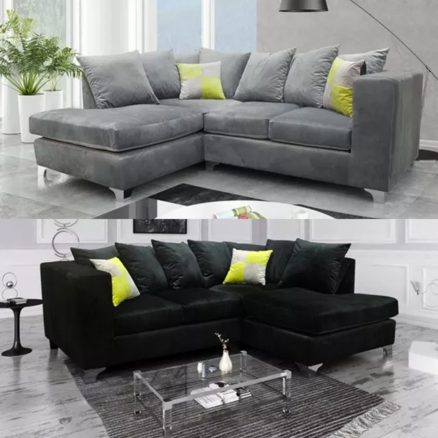 Grey Corner Sofa Suite Black Plush Velvet 3 seater 2 seater Footstool Chair Lush 3