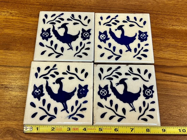 FOUR Antique handpainted, 4 1/4” Mexican tile SALVAGED OLD