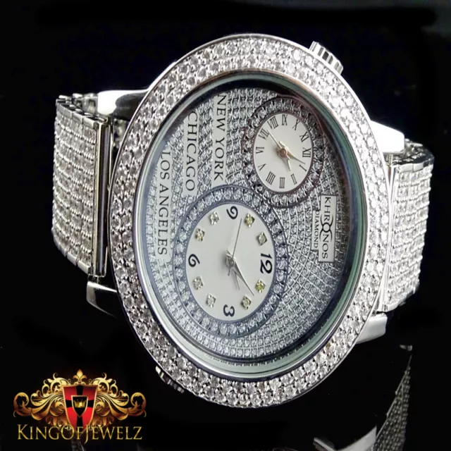 Mens Genuine Diamond Khronos14K White Gold Finish 2 Row Dual Timer Custom Watch