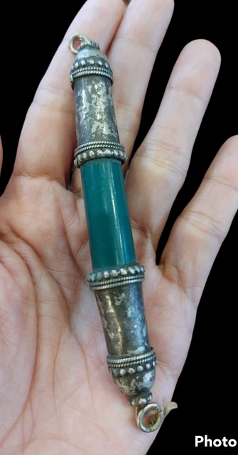 Ancient Original PYU era Burmese Green Jade sterling silver capped Bead Pendant