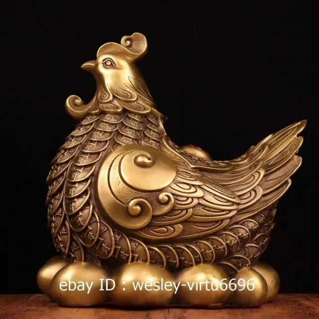 China Pure Copper Brass Handmade Coin Wealth Cock Hen Chicken Art Statue