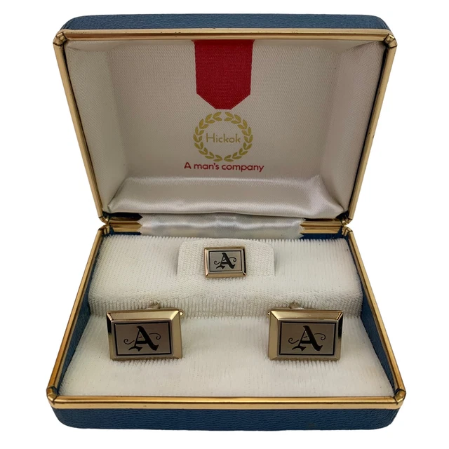 VTG Hickok Monogrammed A Dual Tone Cuff Link Tie Pin Set Boxed Rare Canada Made