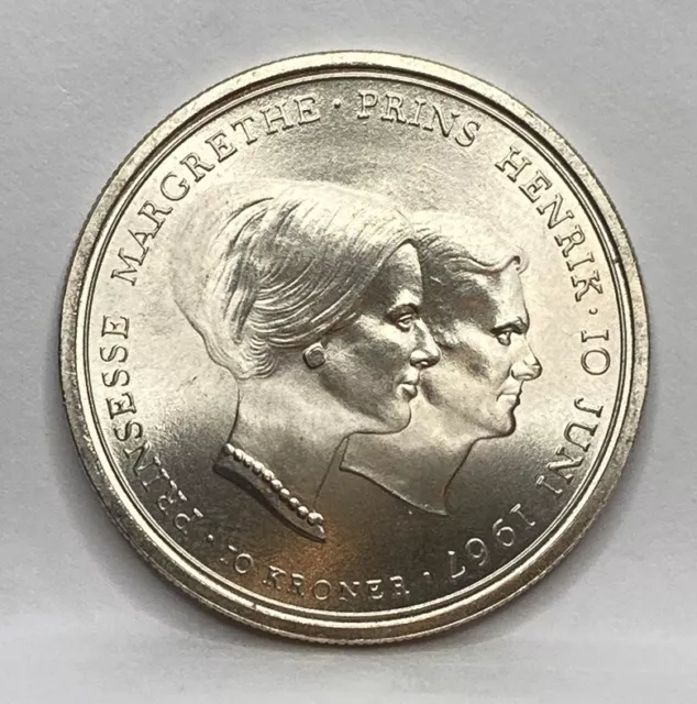 Denmark 10 Kroner 1967 silver Coin Royal Wedding Princess Margret he G/Condition