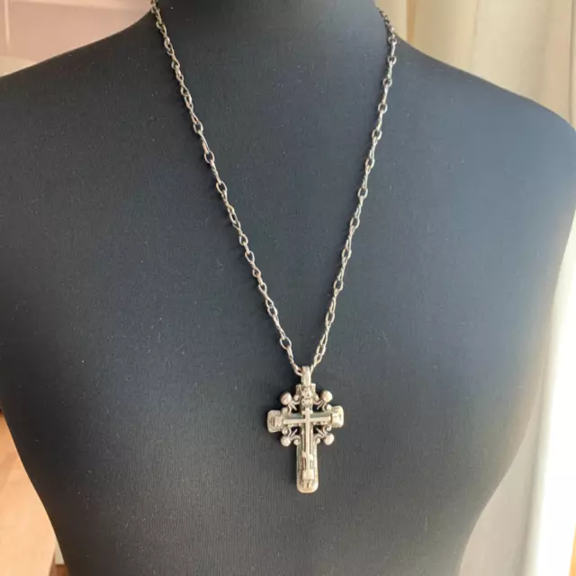 Antique Vintage Silver Cross Imperial Russian Orthodox Necklace Pendant 2-1/8"