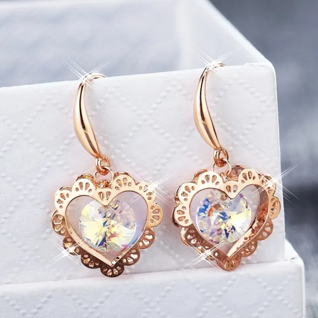 18K Yellow Gold Filled Made With SWAROVSKI Crystal Round Heart Dangle Earrings