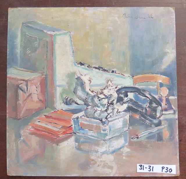 Cuadro antiguo Óleo En Mesa Interior Con Objetos Firmado 1962 P30