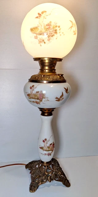 Antique 3 Tier, Ball Globe Hand Painted Gwtw Banquet Parlor Table Piano Lamp