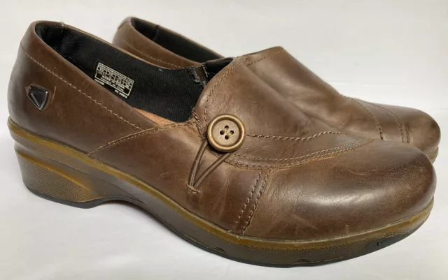 Keen Mora Leather Shoe Womens 9 Slip On Brown Button Mule Clog Wedge Casual