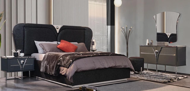 Cama doble dormitorio camas tela cama consola juego 5 piezas gris completo
