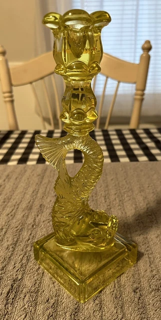 MMA Vaseline Glass Fish Vintage Candlestick By Imperial Koi Dolphin