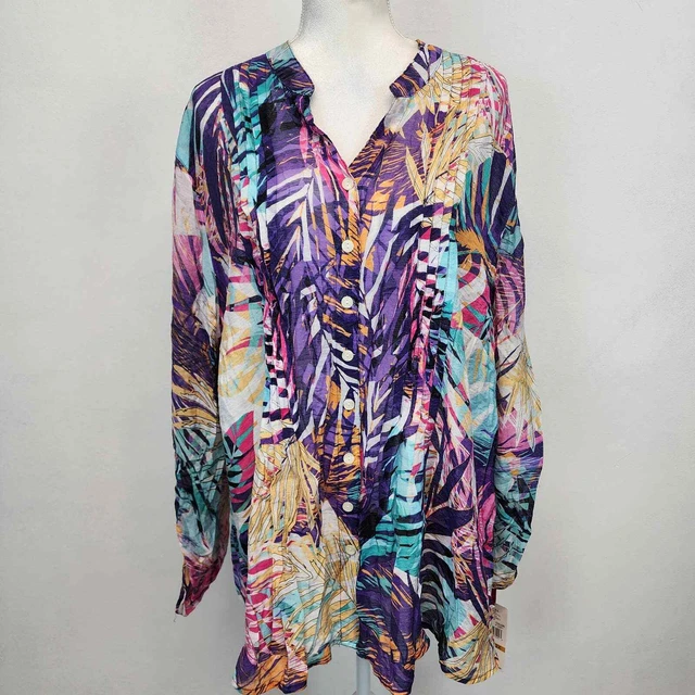 Ruby Rd. Fern Print Gauze Pintuck Vacation Top Plus Size 3X Purple Long Sleeve