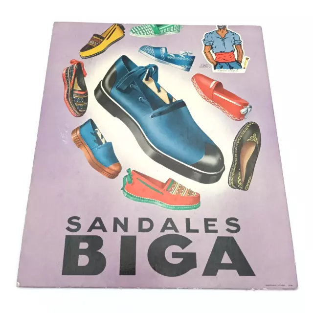 ANCIENNE PLAQUE CARTON PUBLICITAIRE SANDALES BIGA 32x28cm - PLV non émaillée