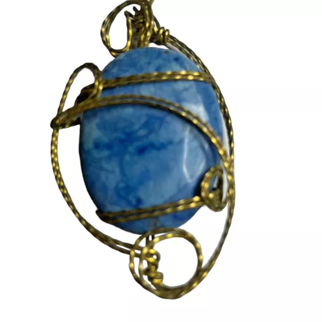 VINTAGE BLUE GEMSTONE Cabochon Pendant Gold Wire Wrapped Artisan 2