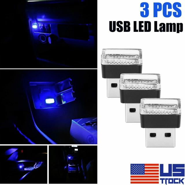 Blue 3x Mini LED USB Car Interior Light Neon Atmosphere Ambient Lamp Accessories