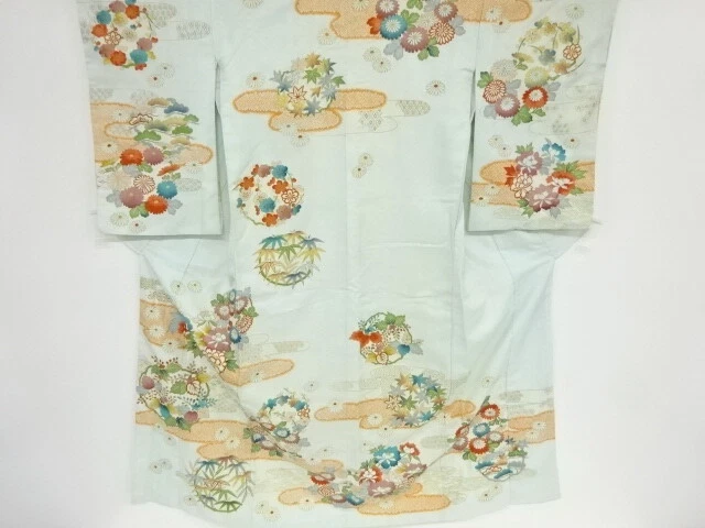 39463# Japanese Kimono / Antique Kimono / Embroidery / Egasumi Pattern & Flo