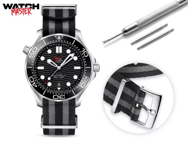 Per Orologio OMEGA NATO G10 Grigio Nylon Nero Cinturino Cinturino Fibbia James Bond 007 Spille