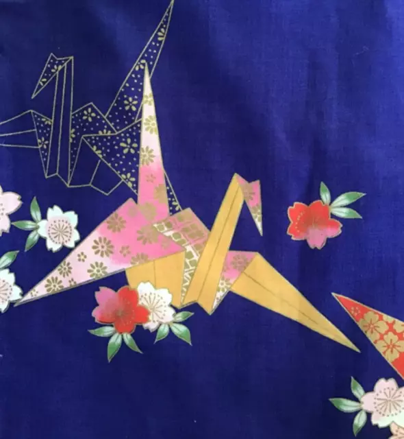 Kimono Womens Purple-Blue Indigo Cotton Made in Japan Cranes Fans Flowers UNUSED