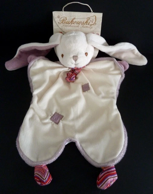 EB. DOUDOU MARIONNETTE BUKOWSKI LAPIN patchwork blanc mauve écharpe rayé - NEUF 2