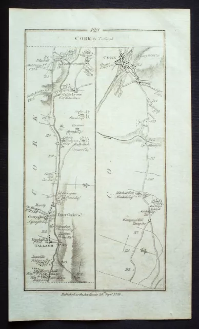 IRELAND, CORK, YOUGHAL, WATERFORD, antique road map, Taylor & Skinner c.1778