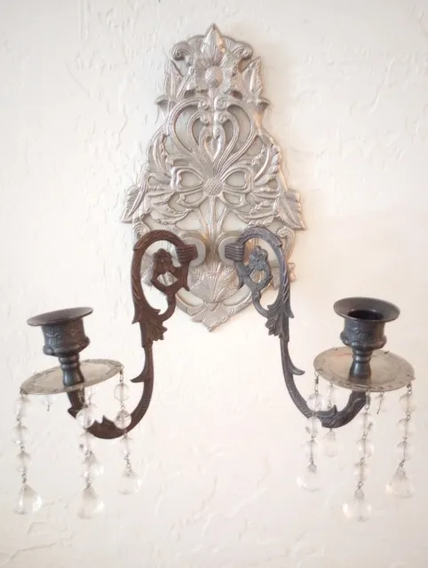 Vintage Cast Iron/Brass Dual Candle Holder Sconce Wall Hanging Made In India