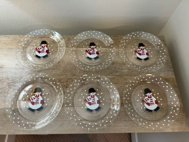 Crate & Barrel Skating Snowman Glass Plates Set Of Six 8” Arcoroc France