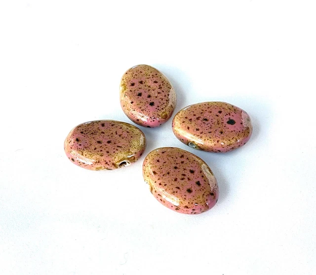 4 Large Pink speckled Glazed Ceramic Porcelain Oval Drop Focal Beads 30x22mm 2