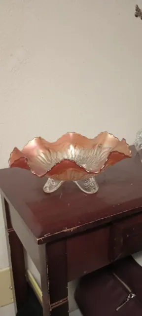 Antique Dugan Cherries Marigold Carnival Glass 3 Footed Ruffled Bowl Circa 1910