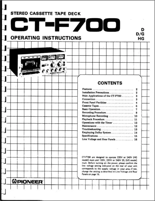 Pioneer CT-F700 Cassette Tape Deck Owners Manual