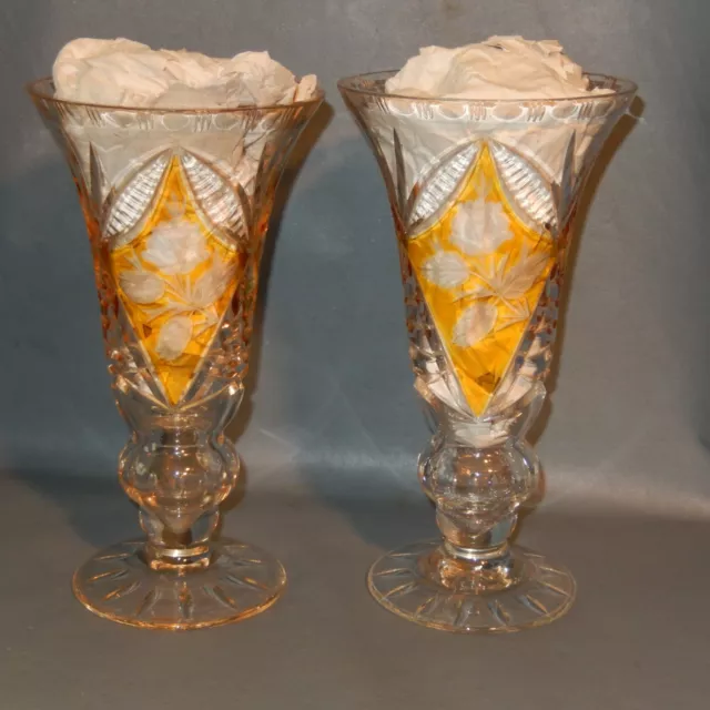 Pair 2 Large Cut To Clear Bohemian Glass Vase Amber Yellow Rose 8.5" Set Czech