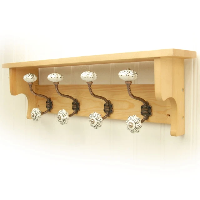 Rustic Farmhouse Vintage Wooden Wall Coat Rack With Shelf Metal Cast Iron Hooks