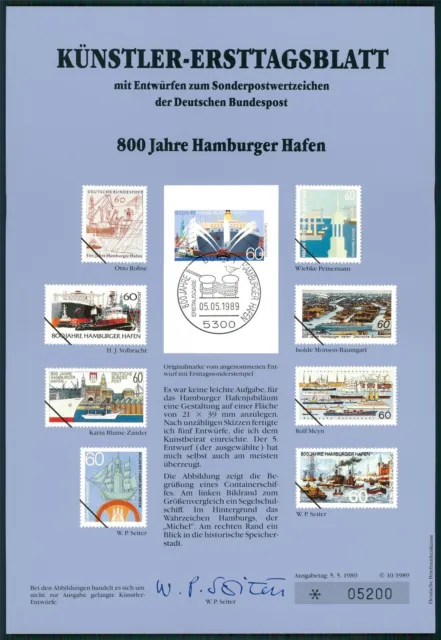 Brd Künstler-Etb 1989/10 Hamburg Hafen Schiffe Künstler-Ersttagsblatt Ltd.