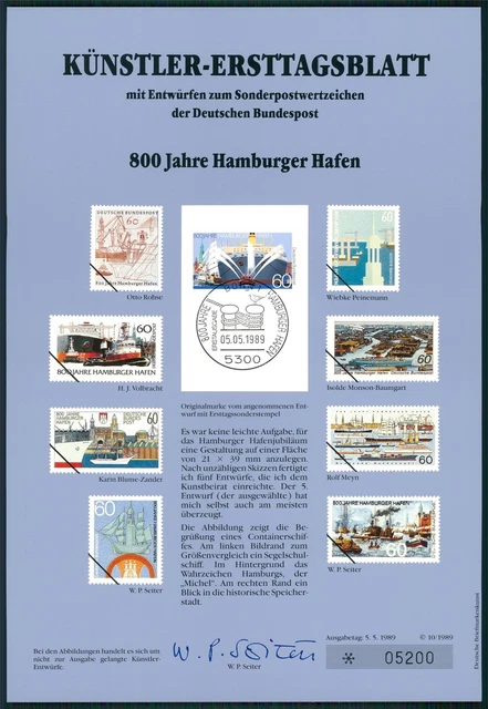 Brd Künstler-Etb 1989/10 Hamburg Hafen Schiffe Künstler-Ersttagsblatt Ltd.