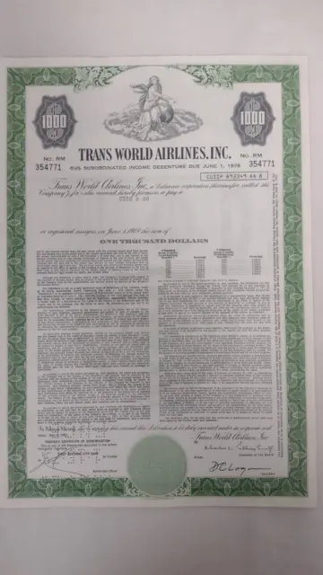 Trans World Airlines Inc Stock Certificate 1000 Shares Green 1970s
