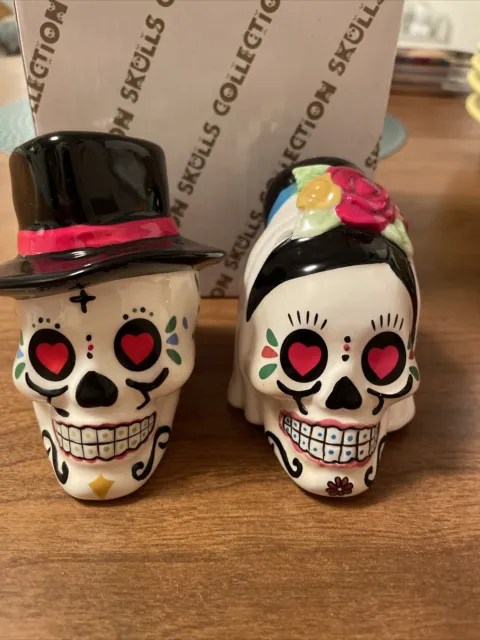 Day of the Dead Bride and Groom Skulls Ceramic Salt and Pepper Shakers