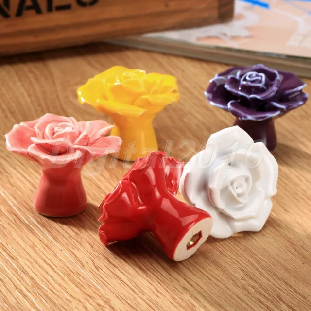 Ceramic Rose Flower Knob Drawer Cabinet Cupboard Closet Kitchen Door Pull Handle
