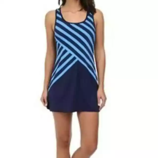 DKNY Swim Striped Tank Swimsuit Cover Up Womens Medium Blue Stretchy Sleeveless 2