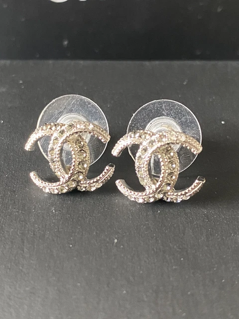 CHANEL CC SILVER Crystal Diamante Stud Earrings Authentic 257.99 PicClick UK
