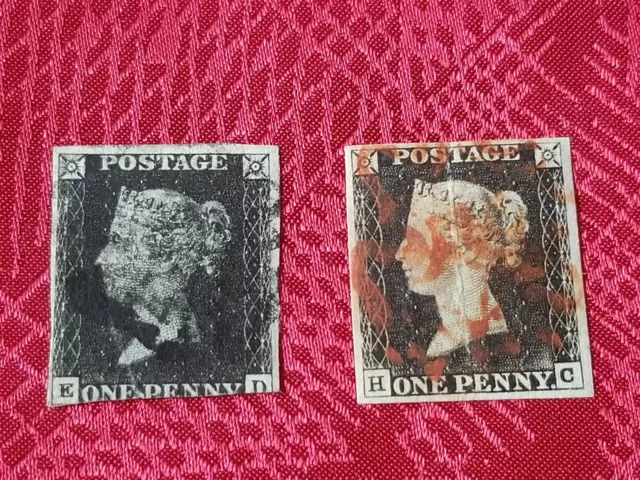 Great Britain Used Stamp - 1840 Penny Black Pair - Red & Black Cancels - B43