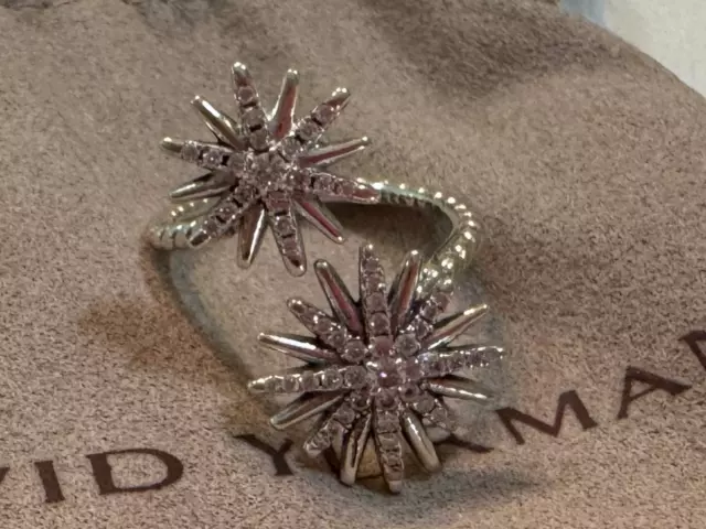 David Yurman Sterling Starburst Bypass Ring with Pavé Diamonds Size 7.5