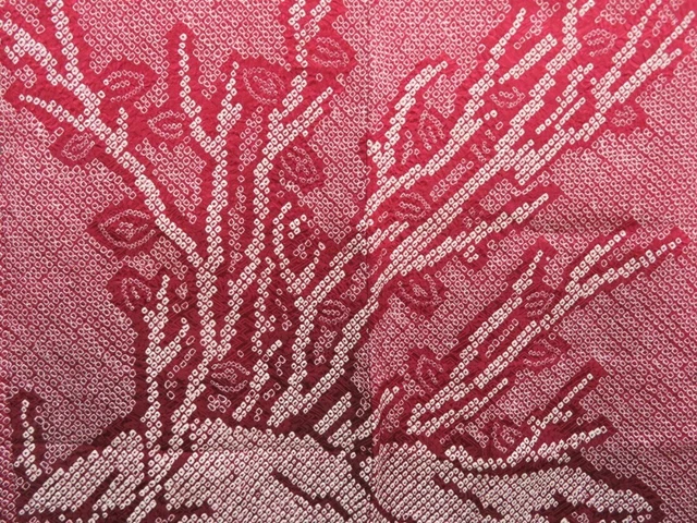 2401T02z390 Vintage Japanese Kimono Silk SHIBORI HAORI Tree Dark red 3